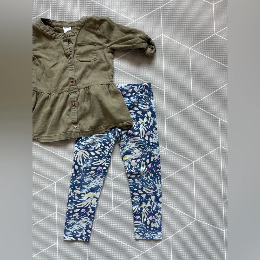 Carters|Baby girl/toddler Olive Green button down shirt and floral leggings•3T